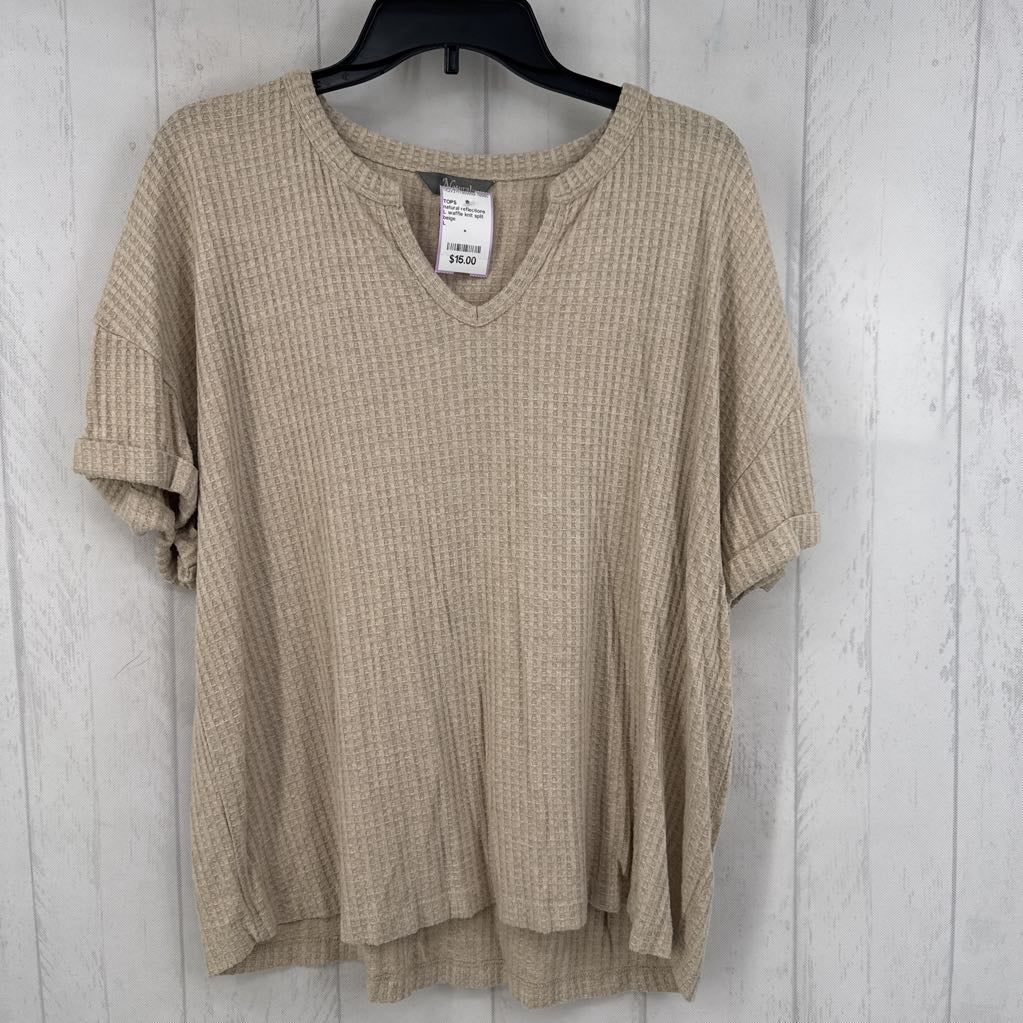 L waffle knit split neck s/s top