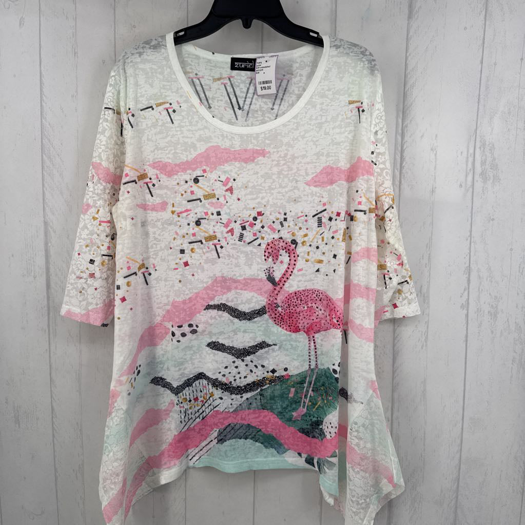 S/M embelished flamingo sharkbite hem 3/4 slv top