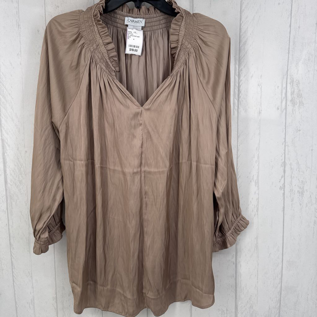 XL smocked splt neck 3/4 slv top