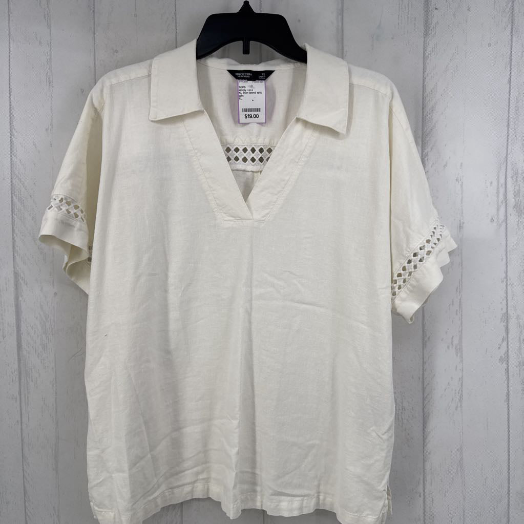 XL linen blend split neck s/s top