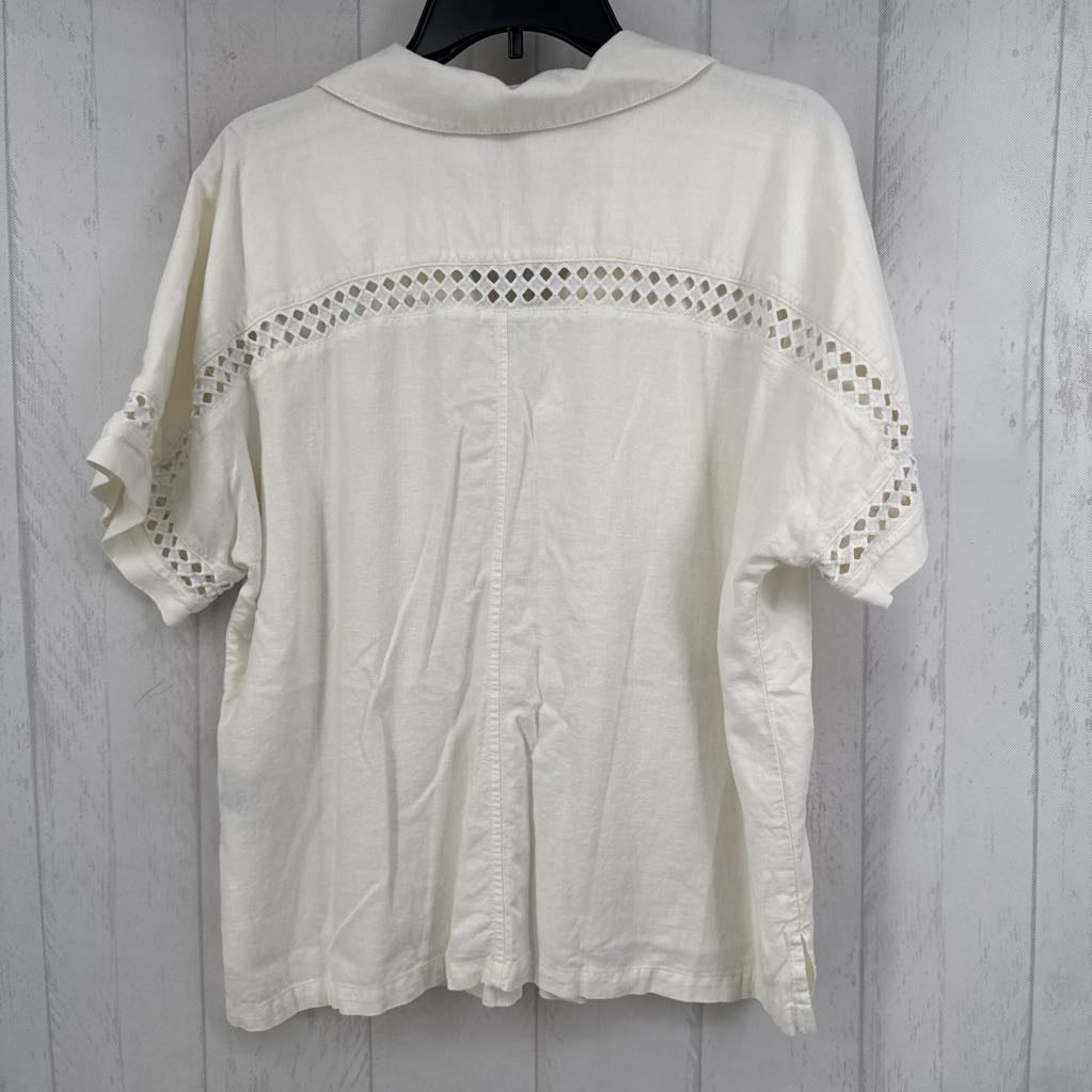 XL linen blend split neck s/s top
