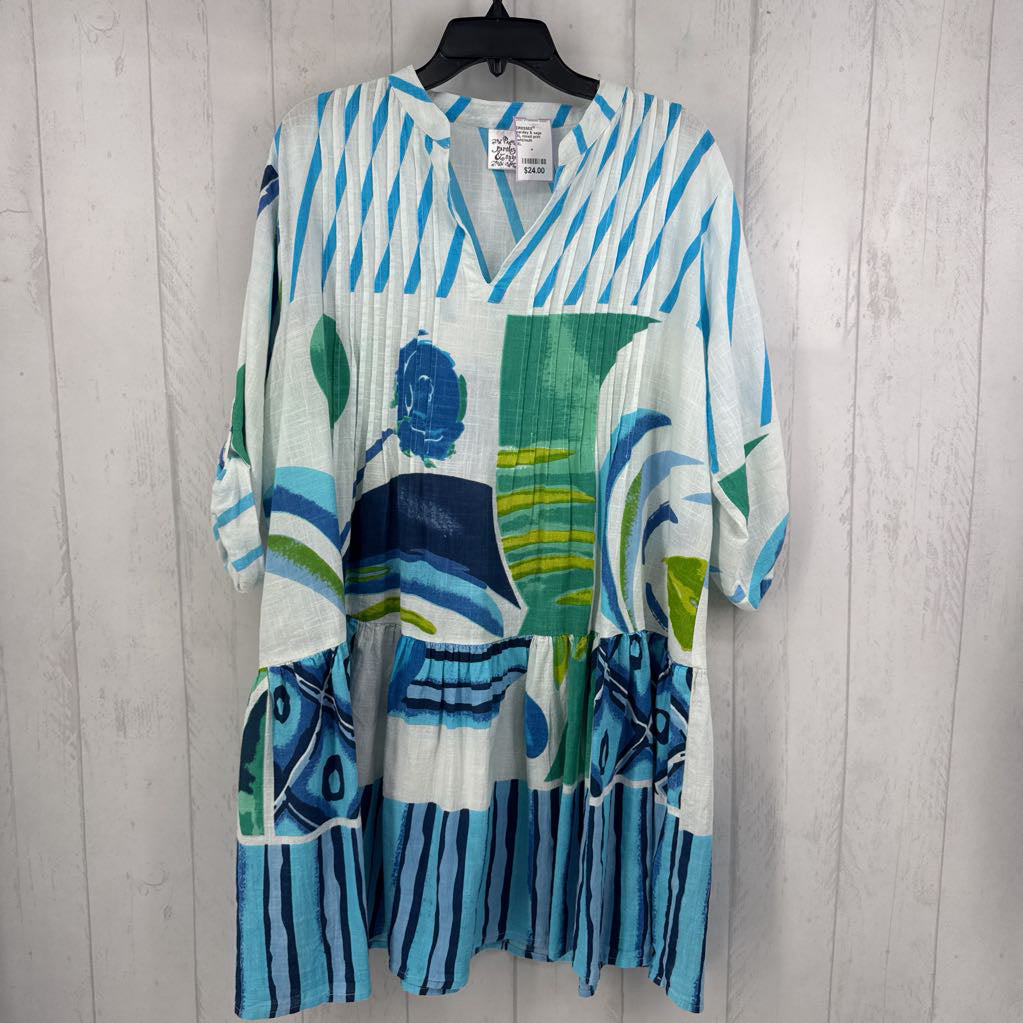 XL mixed print button down 3/4 slv dress