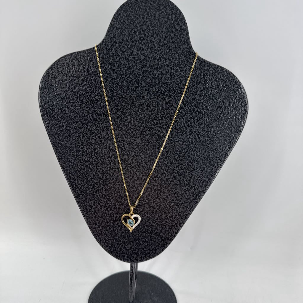 10" gold tone heart pendant w aqua stone necklace
