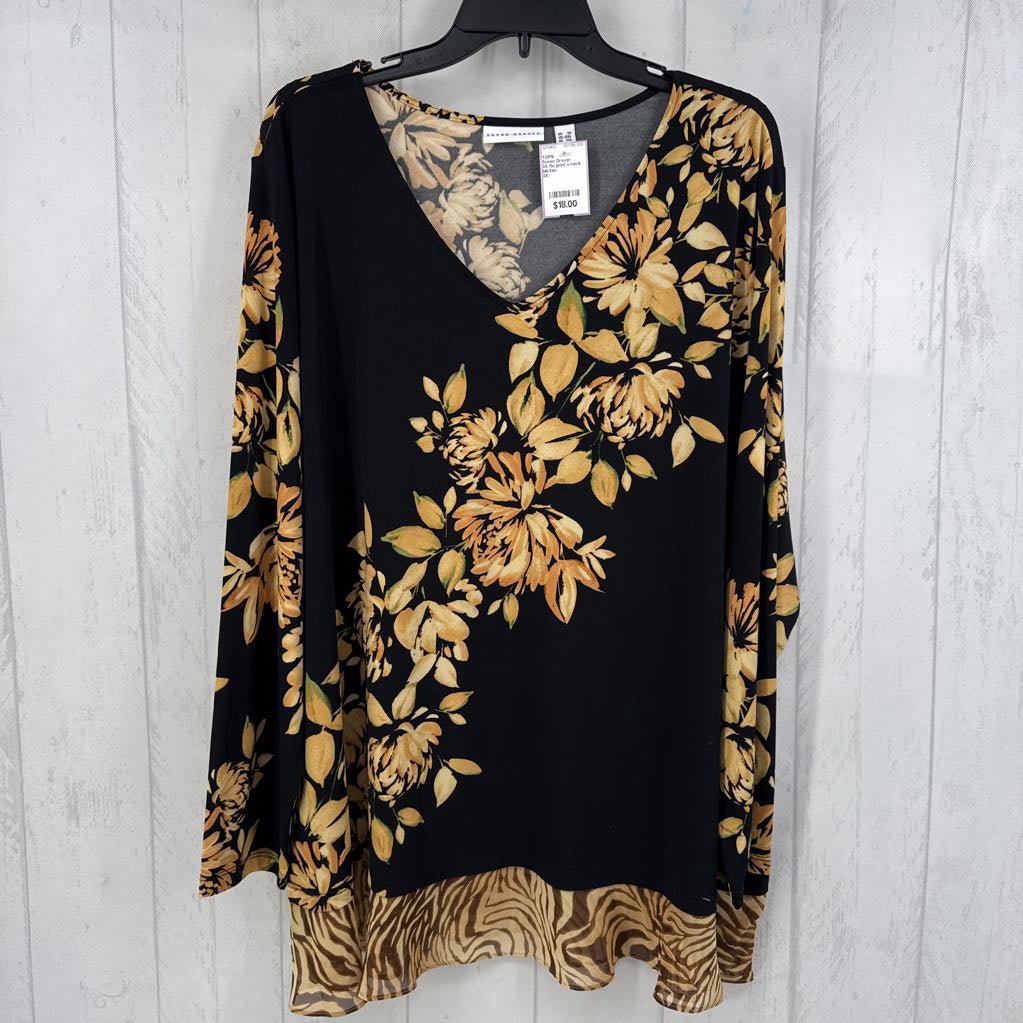 3X flo print v-neck l/s top