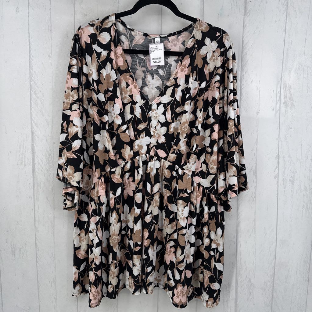 2X flo print v-neck drop shoulder top