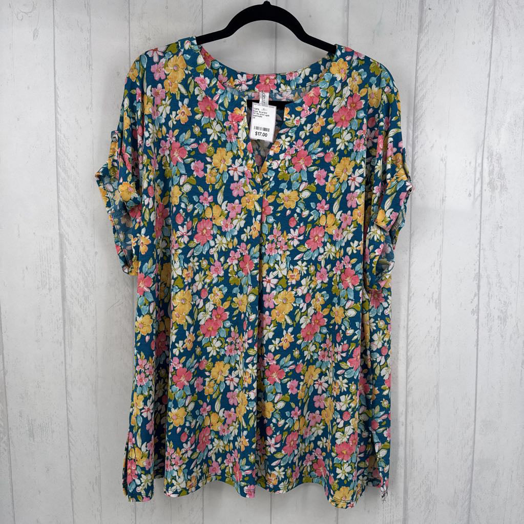 3X flo print split neck s/s top