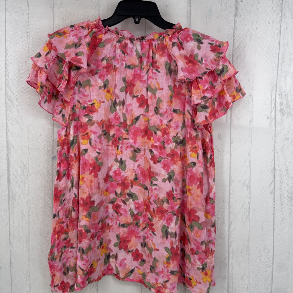 XL flo print split neck ruffled slv top