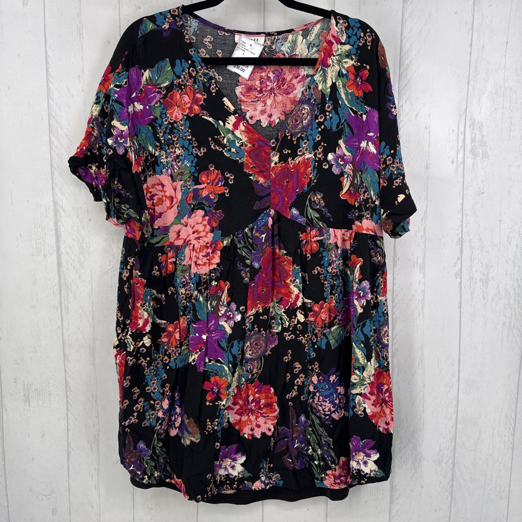 1X flo print v-neck s/s babydoll top