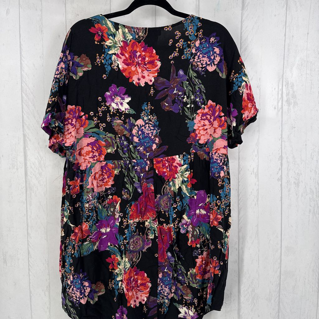 1X flo print v-neck s/s babydoll top