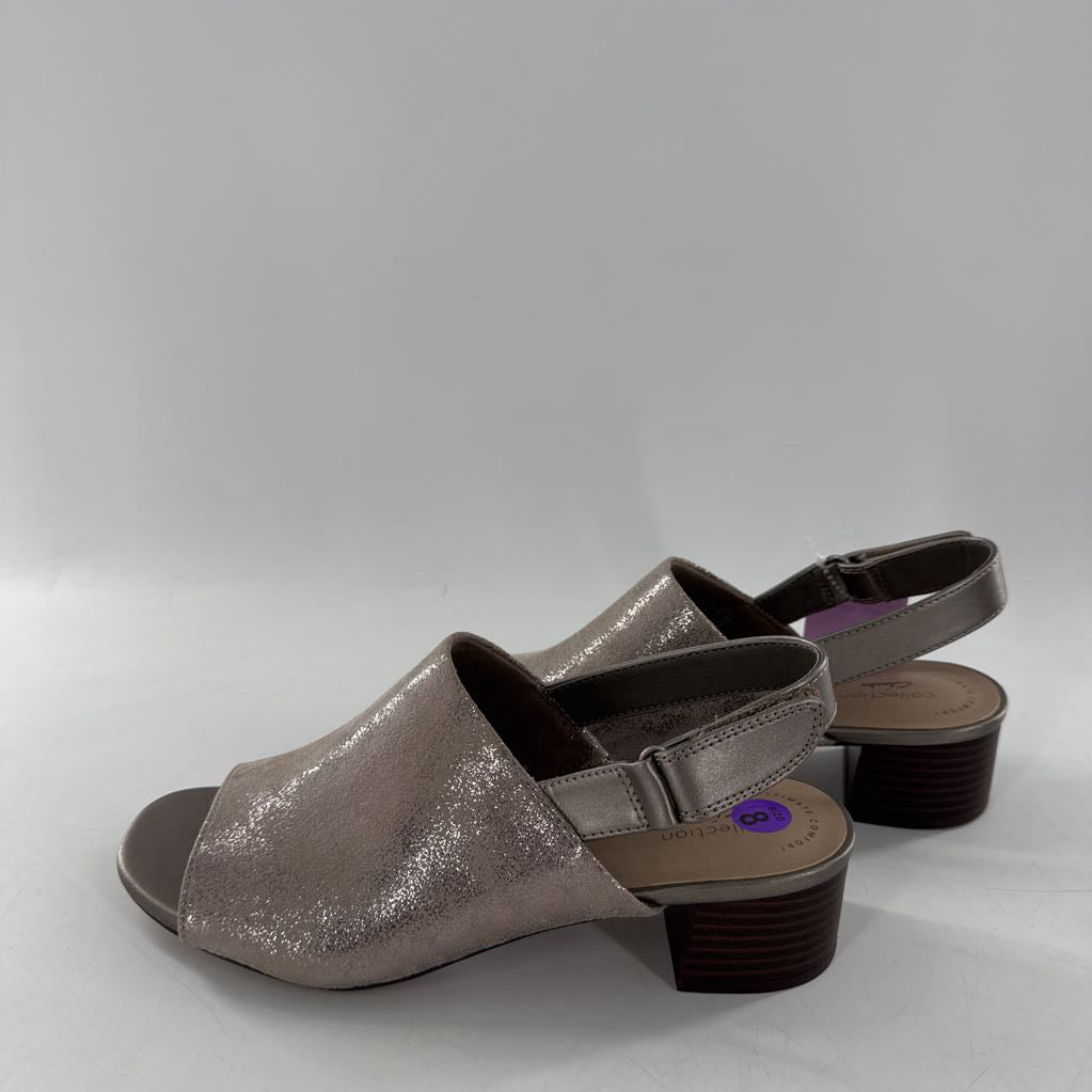 8 metallic shimmer block heel sling back sandalls