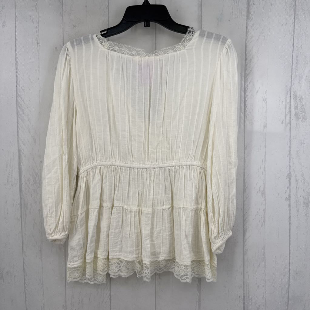 L 3/4 slv lace pleated drawstring top