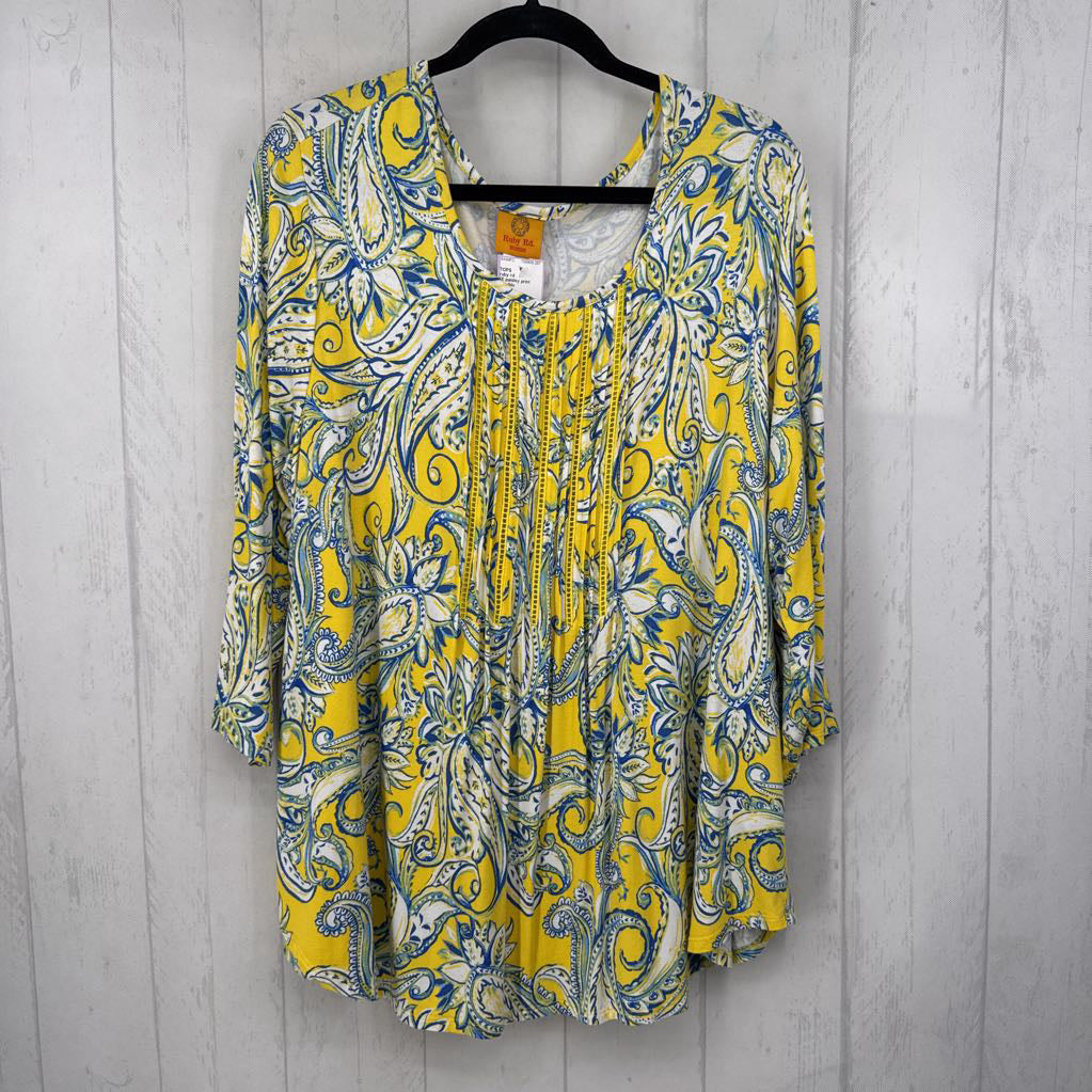 1X paisley print smocked 3/4 slv top