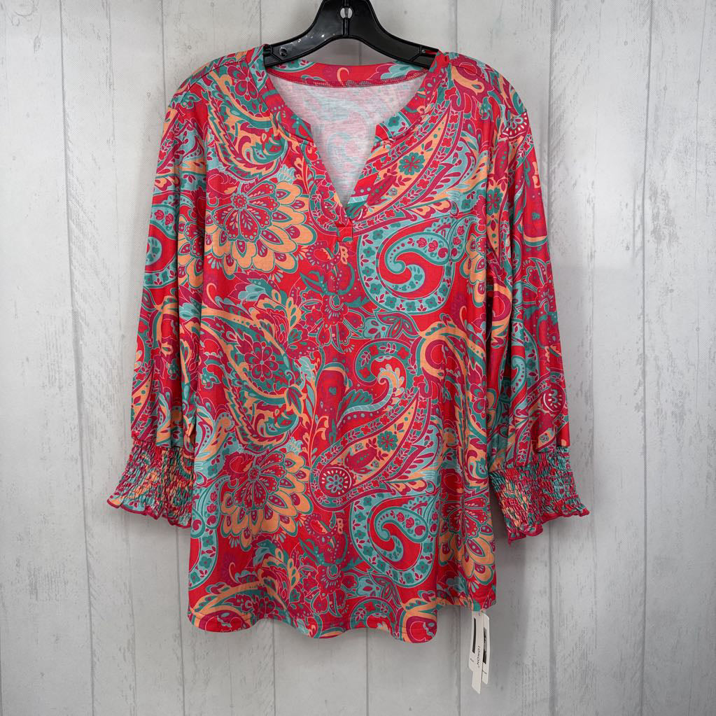 L paisley print split neck 3/4 slv top