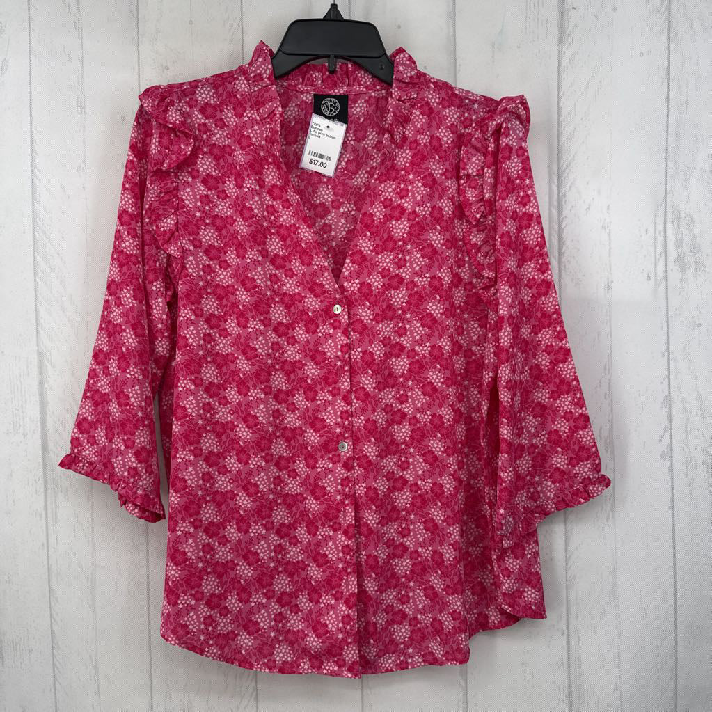 L flo print button down elbow slv top