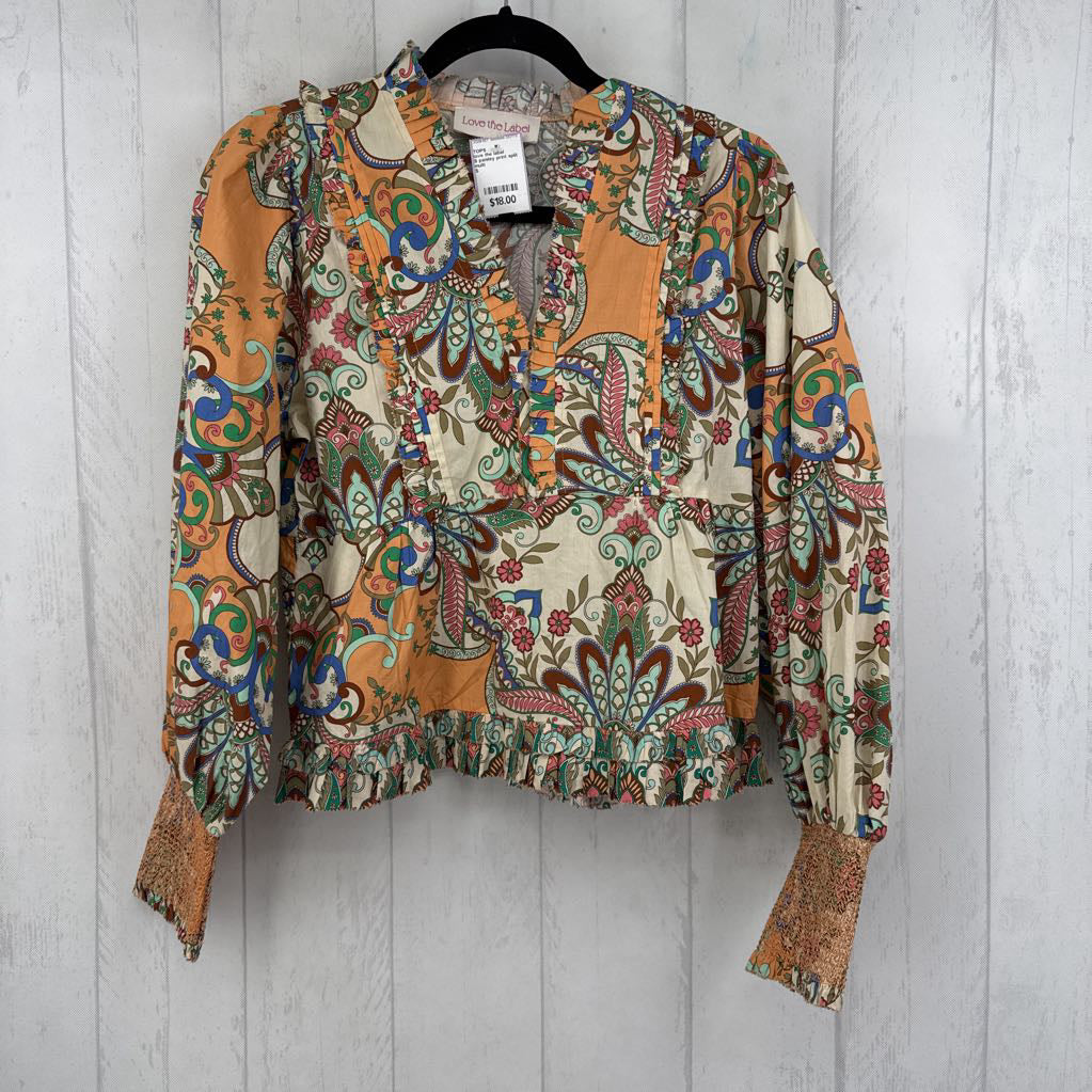 S paisley print split neck l/s top