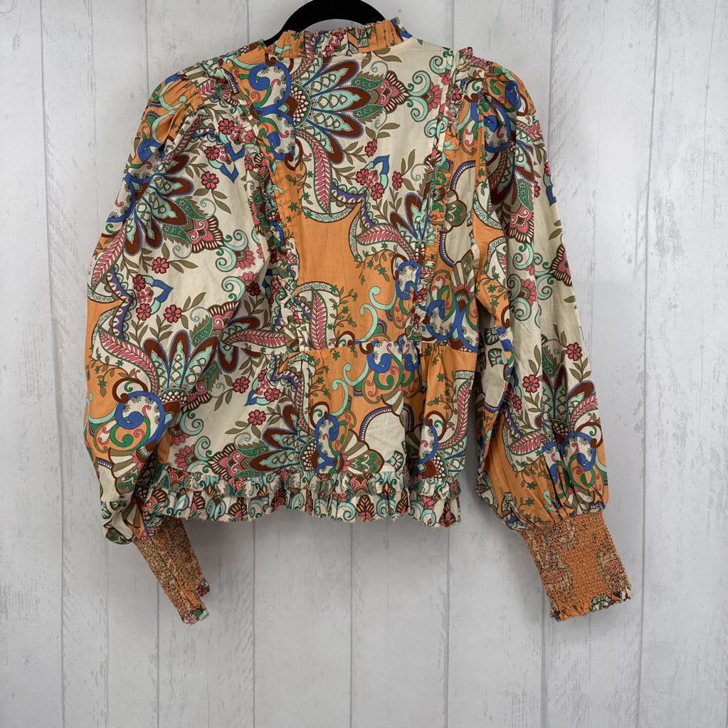 S paisley print split neck l/s top