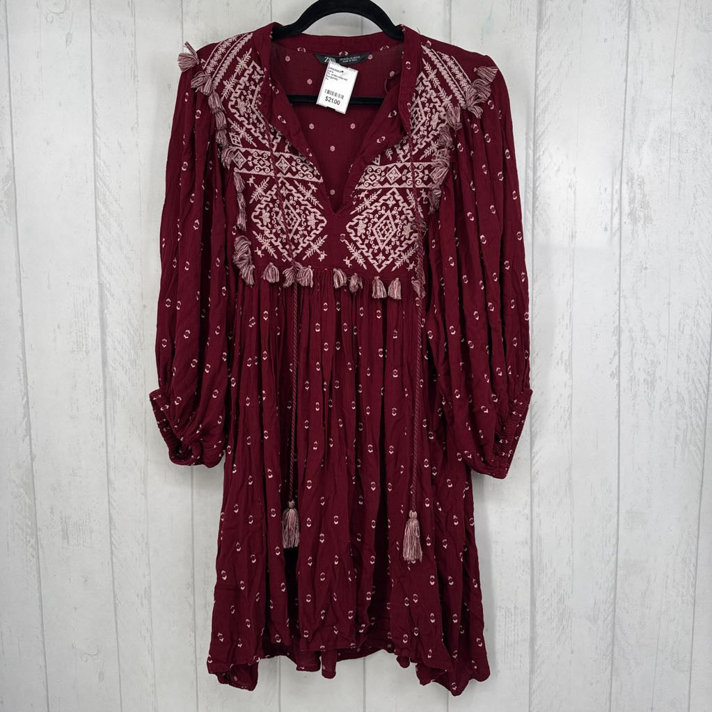 XL embroidered tassel tie l/s dress