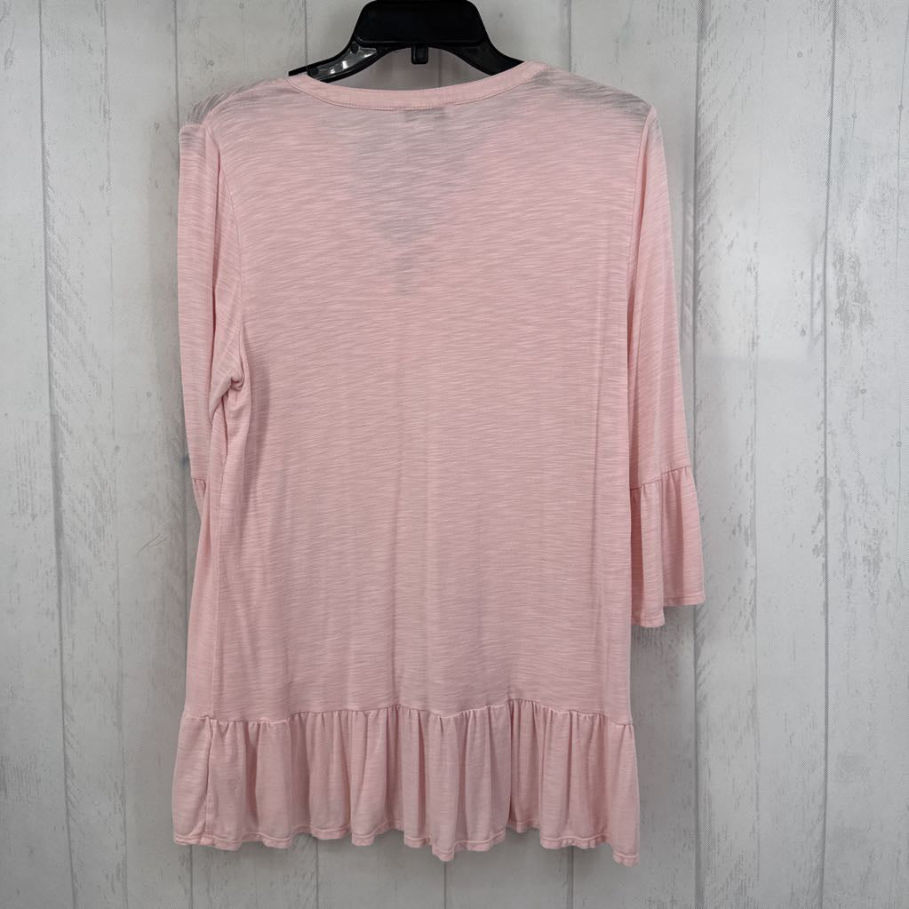 M elbow slv lace up ruffle hem top