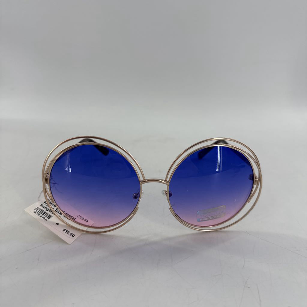 round gold metal frame blue lens sunglasses