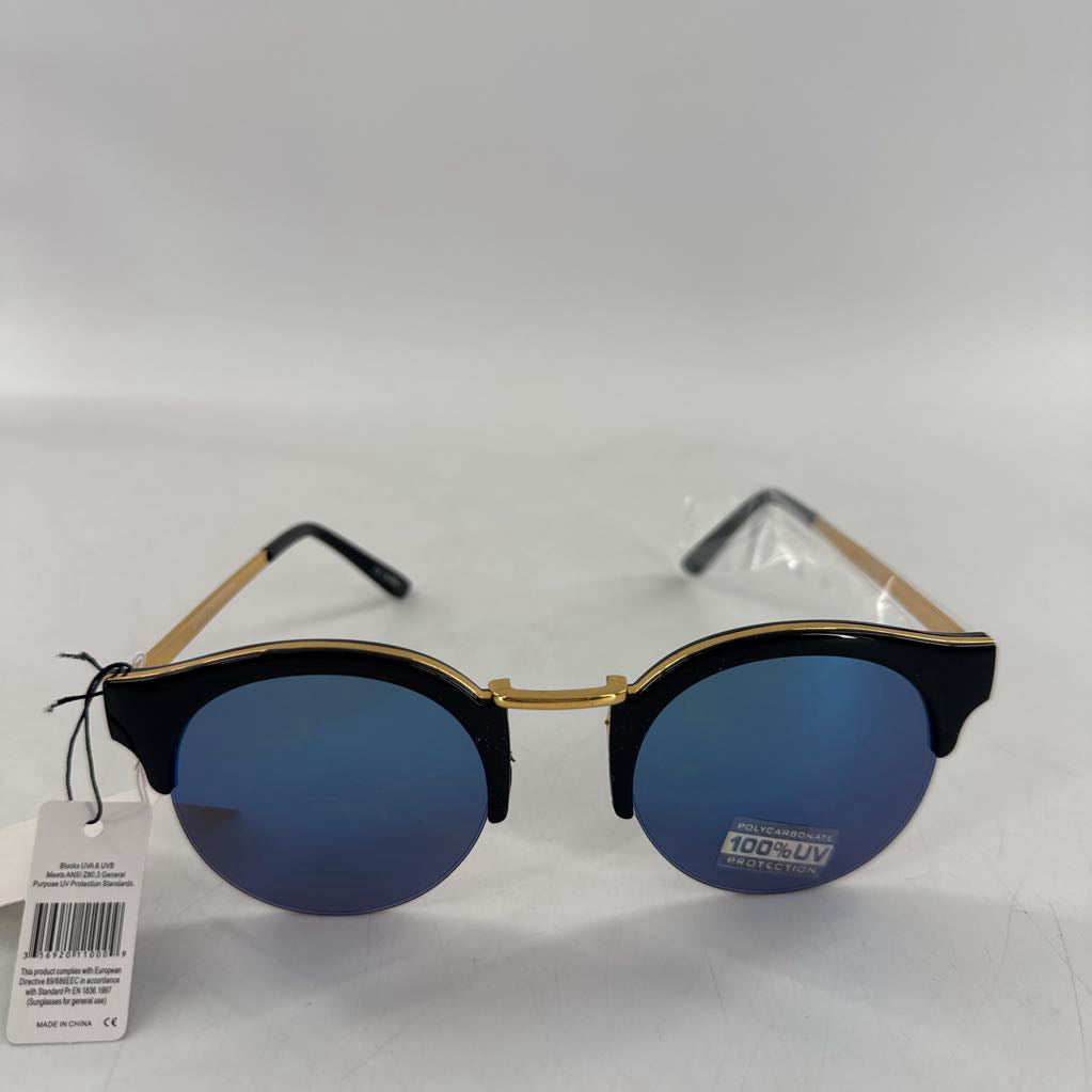 black & gold frame blue lens sunglasses