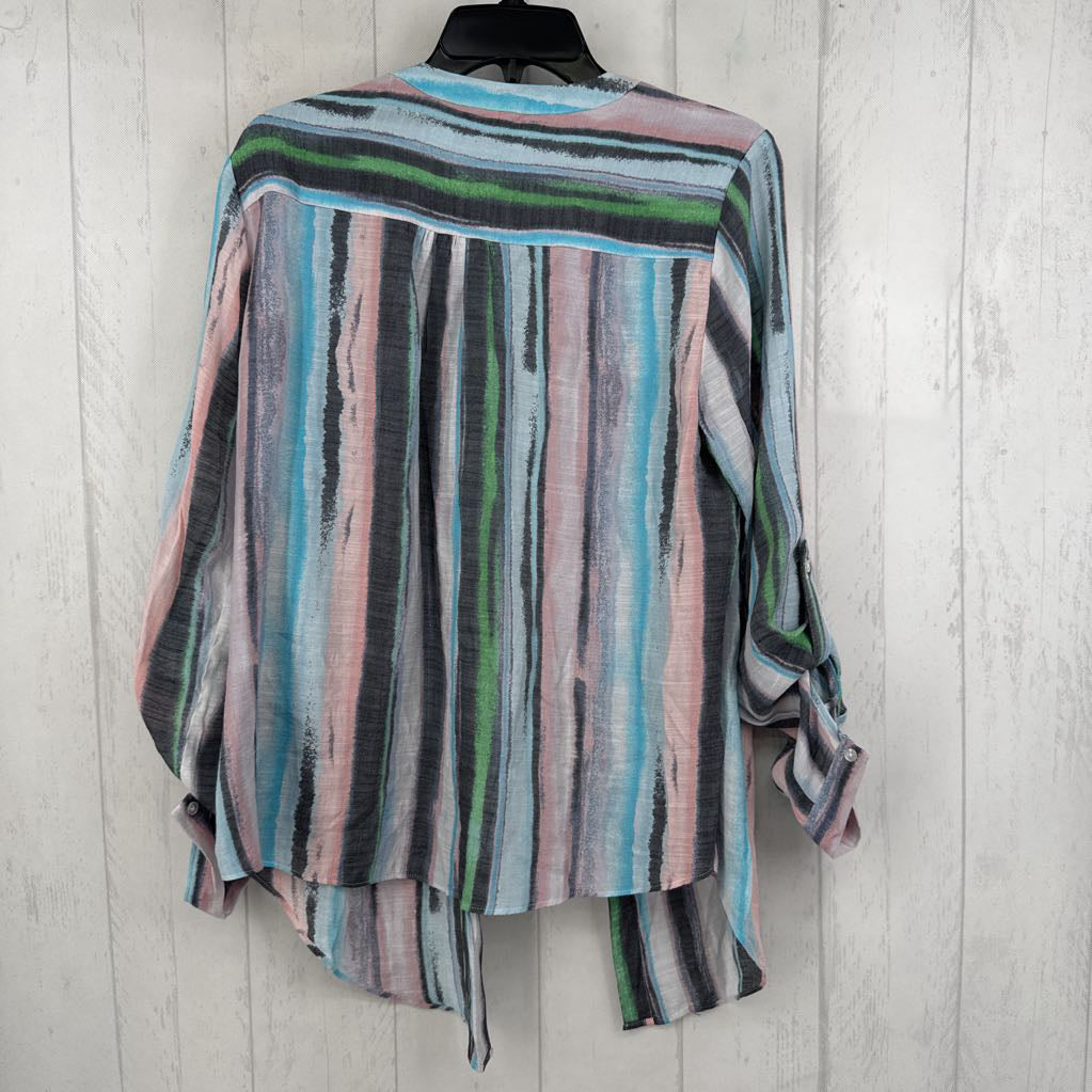 L striped button down tab slv top