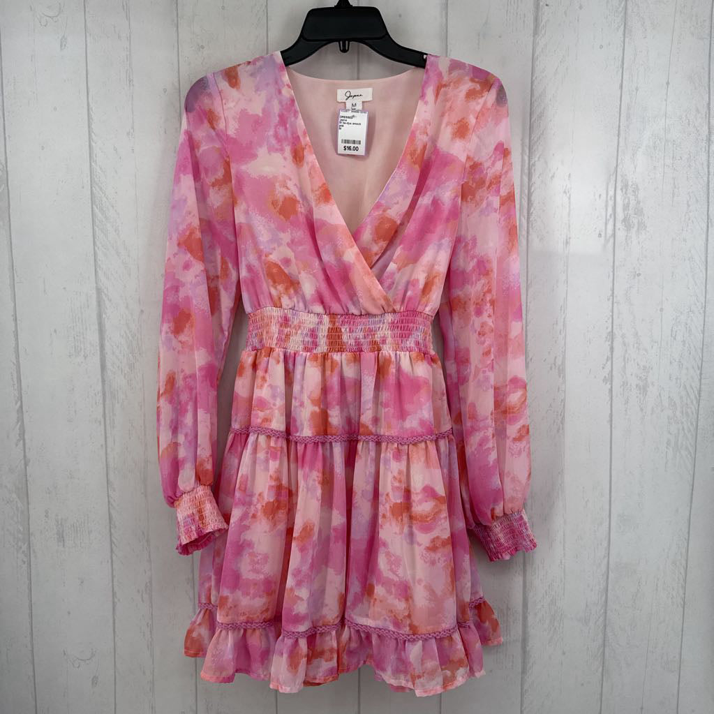 M tie-dye smock waist ruffled skirt l/s dress