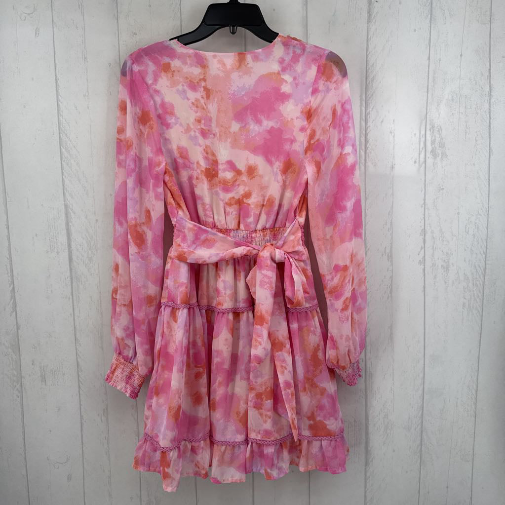 M tie-dye smock waist ruffled skirt l/s dress
