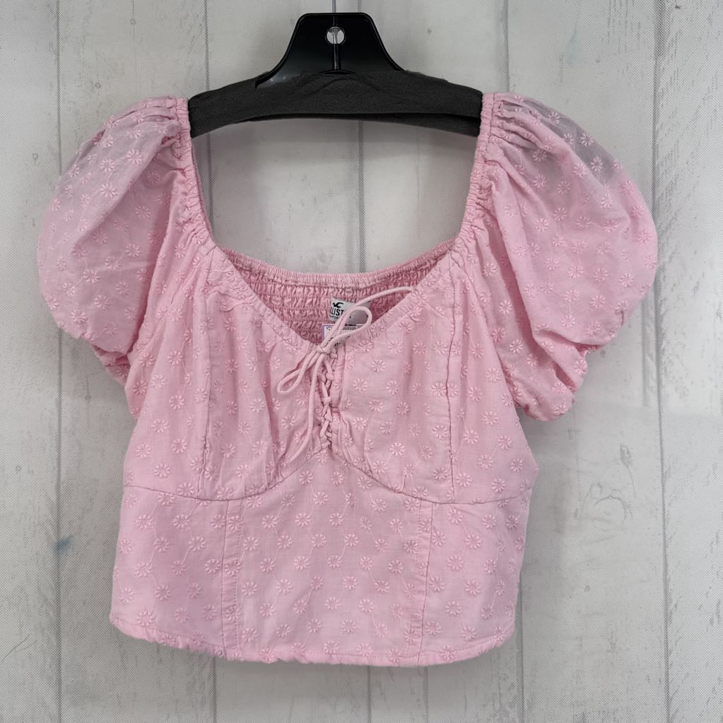 L embroidered puff slv crop top