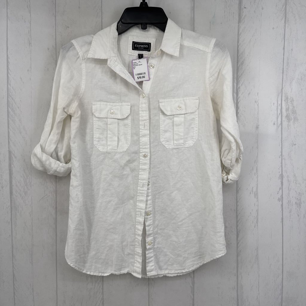 XS linen blend button down tab slv top