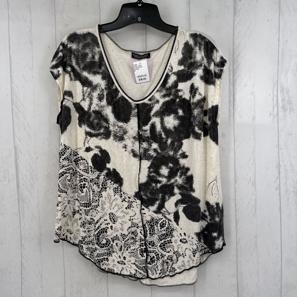 M mixed print scoop neck cap slv top