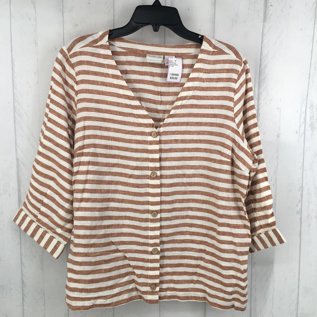L linen striped button down l/s top