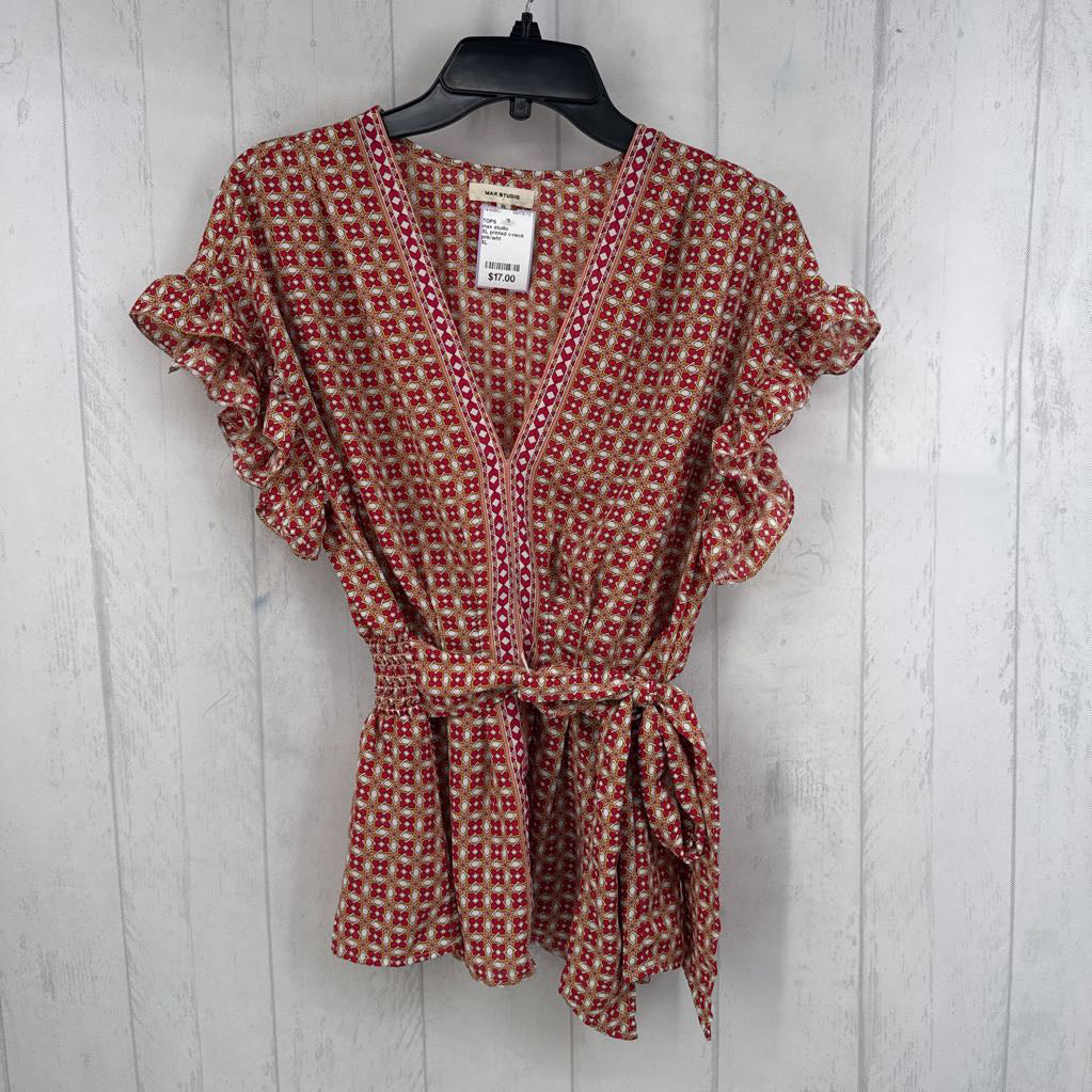 XL printed v-neck belted s/s top