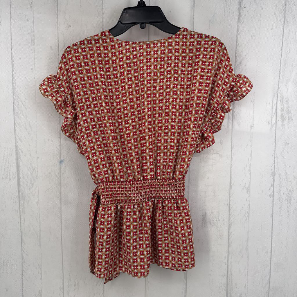 XL printed v-neck belted s/s top