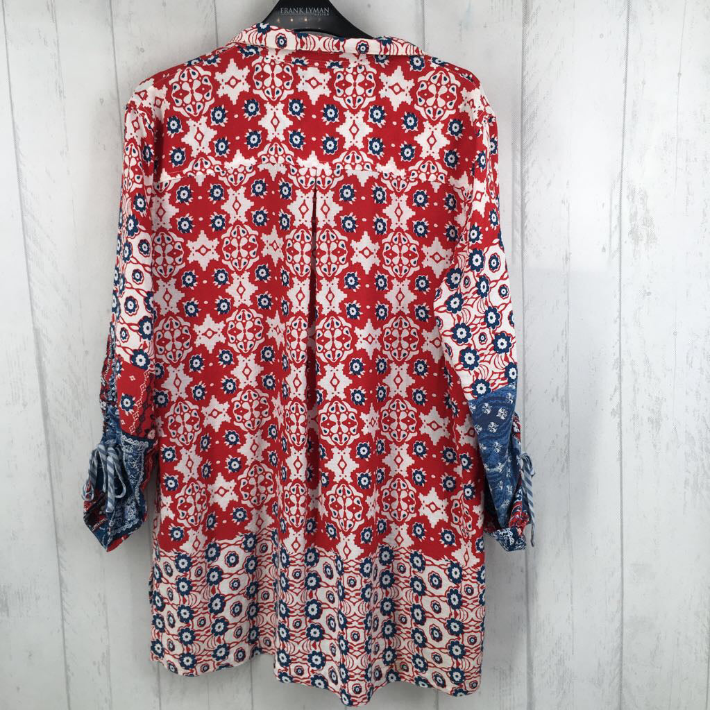 M flo print button down ruched l/s top