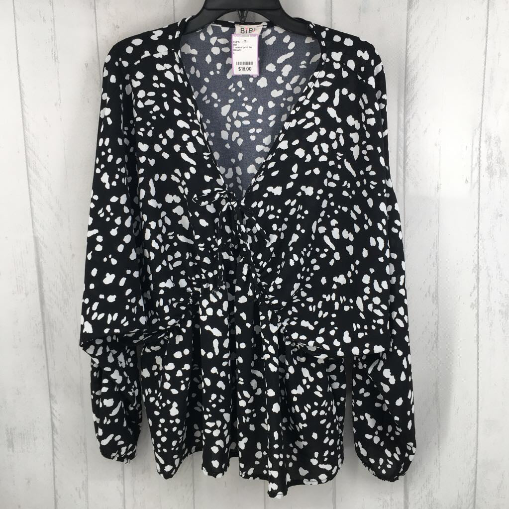 L animal print tie front peplum l/s top
