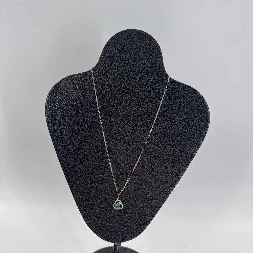 10" silver necklace w/ cz green stone pendant necklace