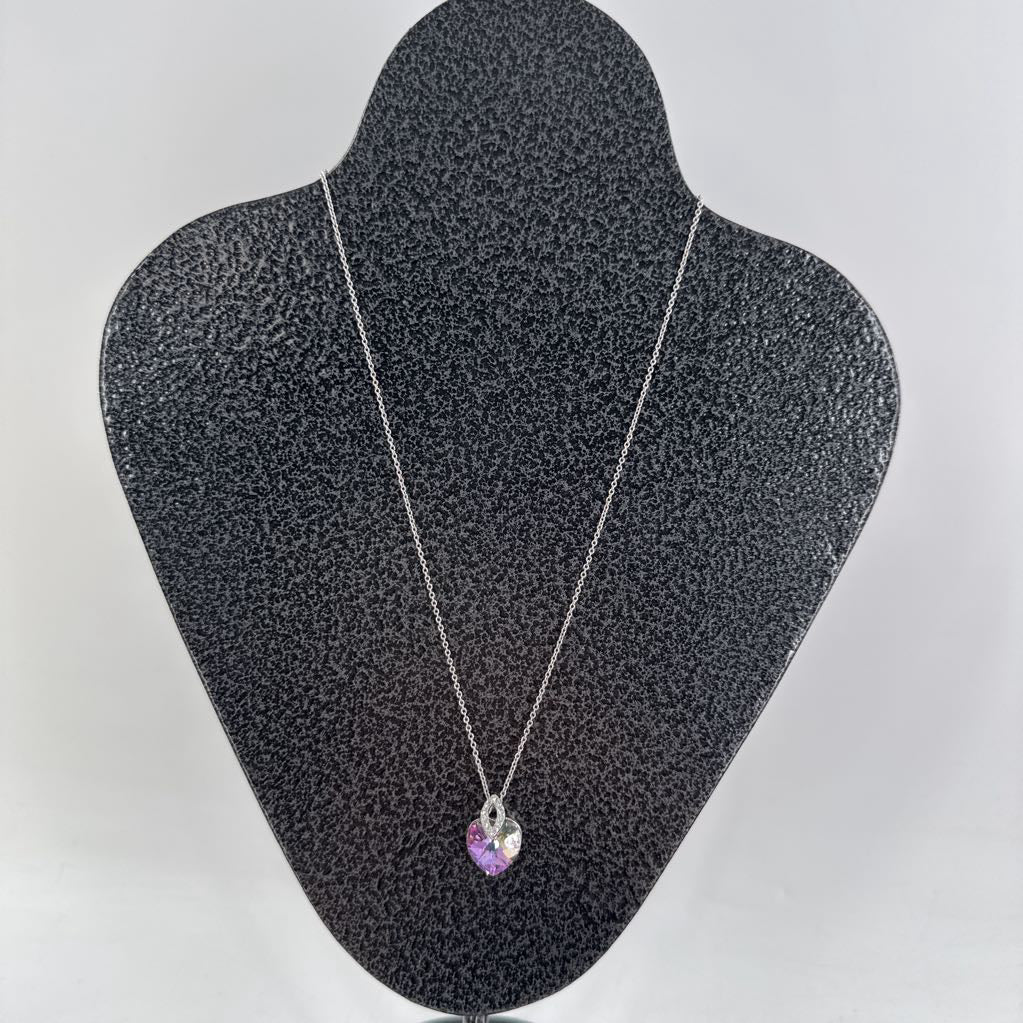 10" silver necklace w/ pink crystal heart pendant