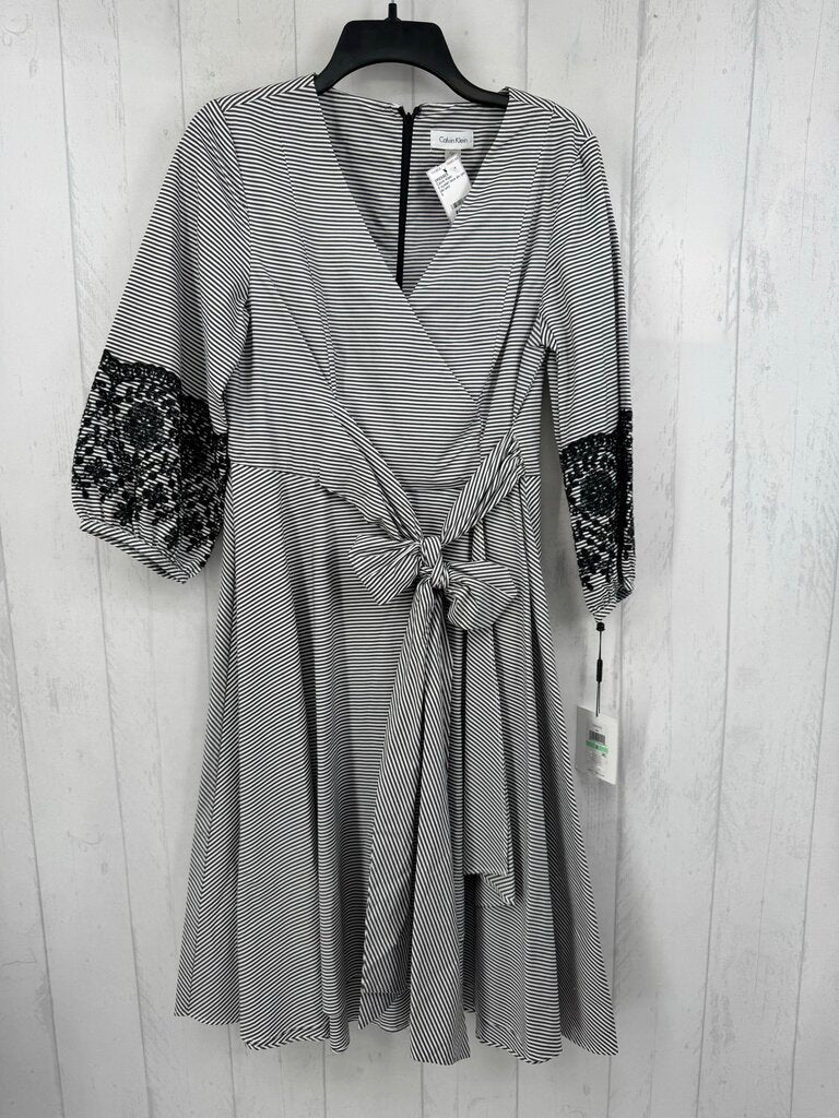 8 eyelet lace slv pin stripe cross-over dress
