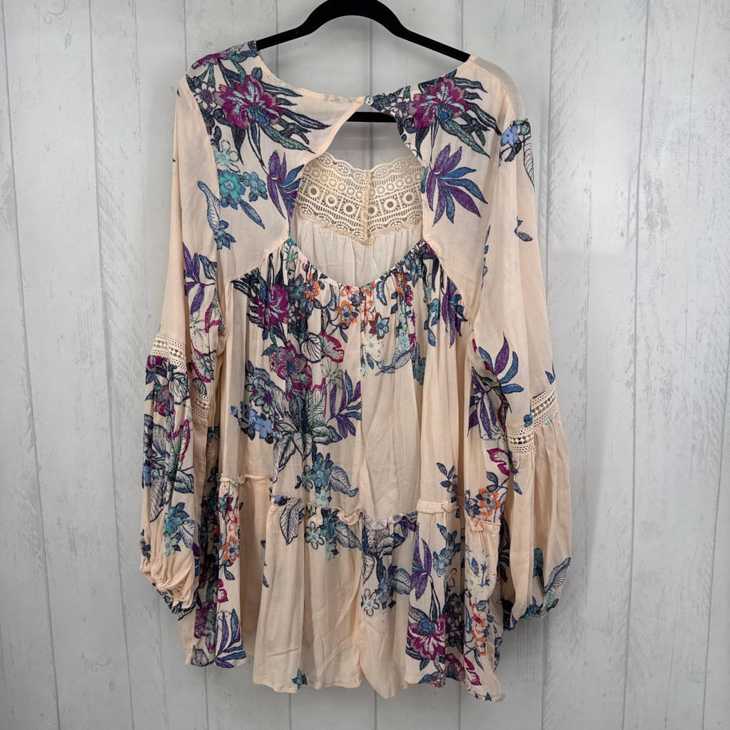 1XL flo print lace detail l/s flowy top