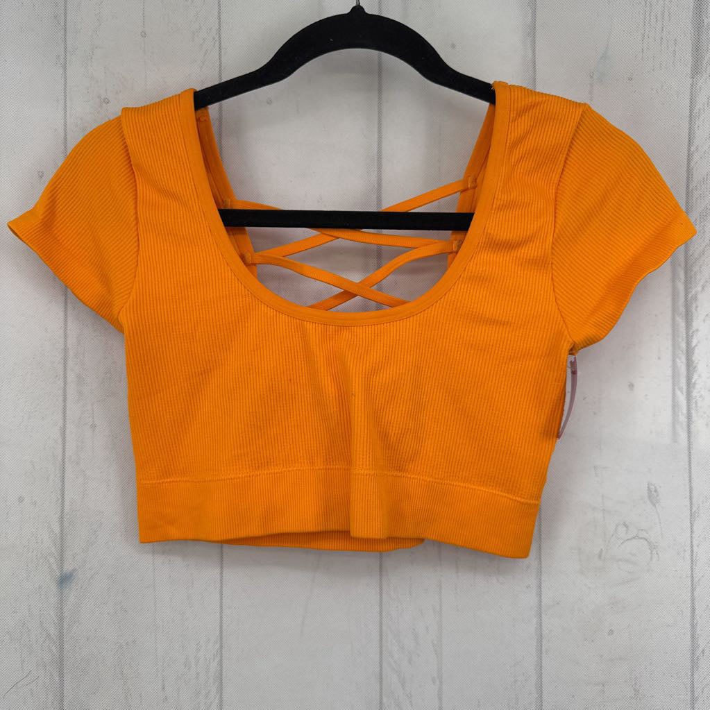 L ribbed criss-cross back s/s crop top
