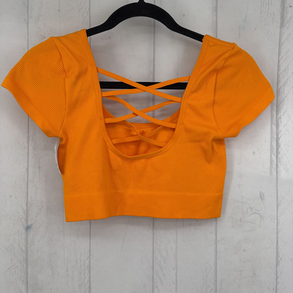 L ribbed criss-cross back s/s crop top