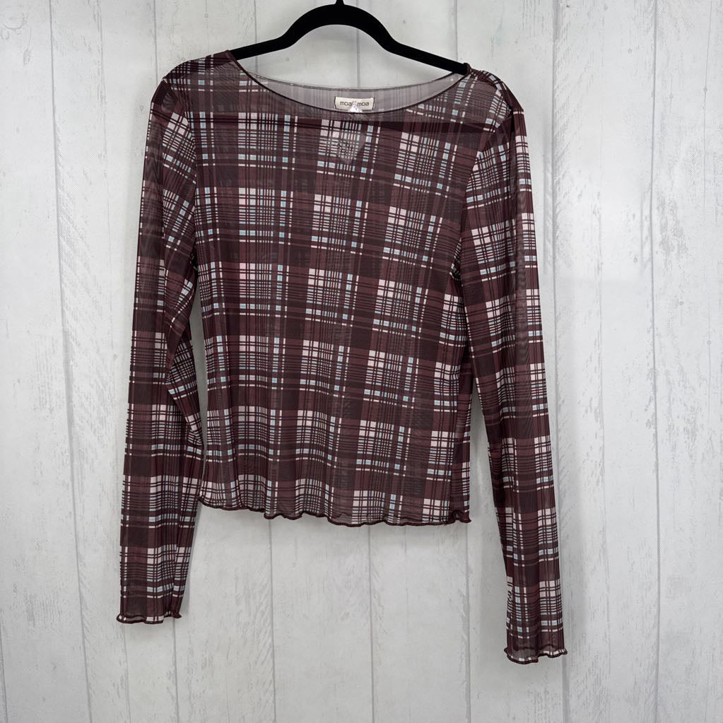 XL semi-sheer plaid l/s top