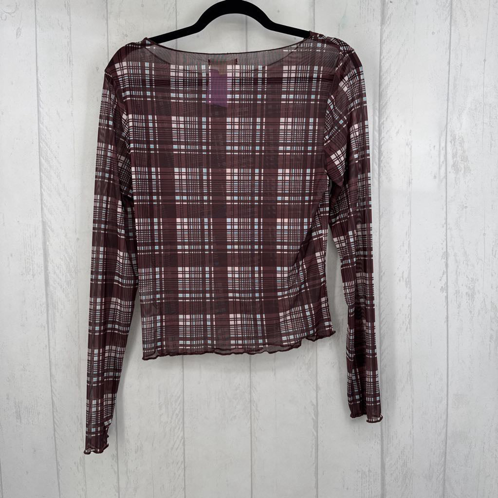 XL semi-sheer plaid l/s top