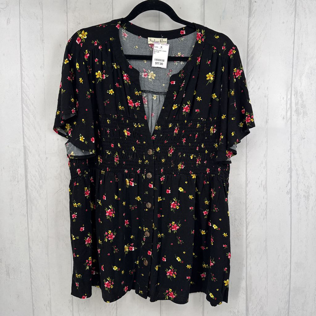 2X flo print v-neck button down s/s top