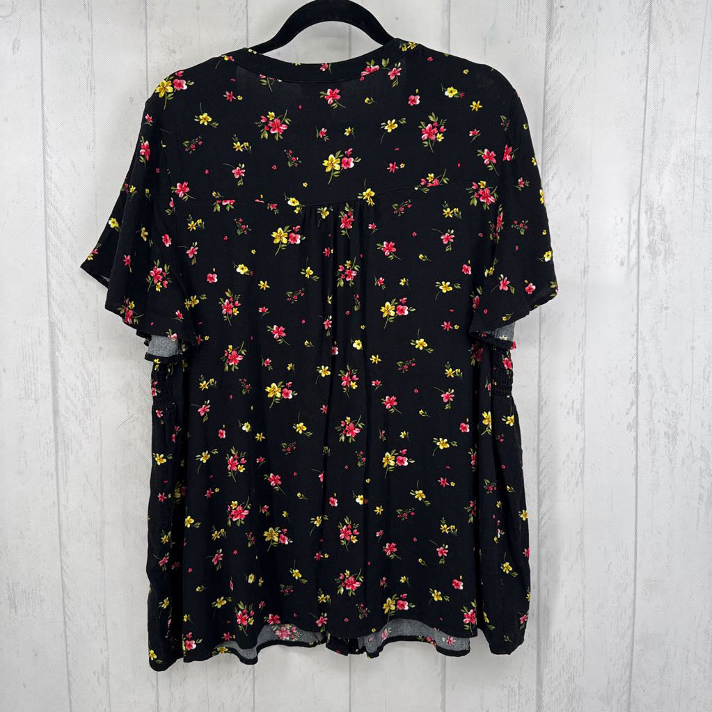 2X flo print v-neck button down s/s top