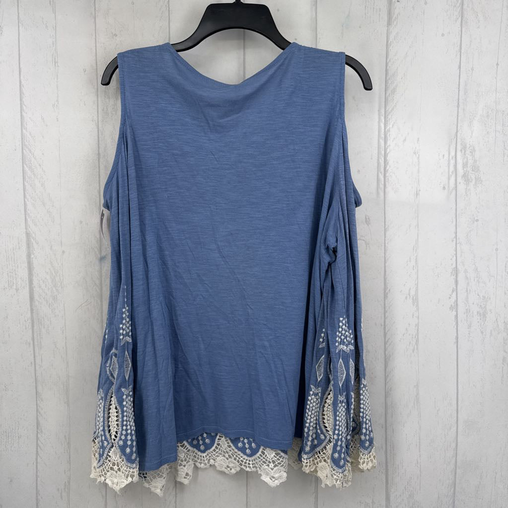 XL embroidered tassel tie cold shoulder top
