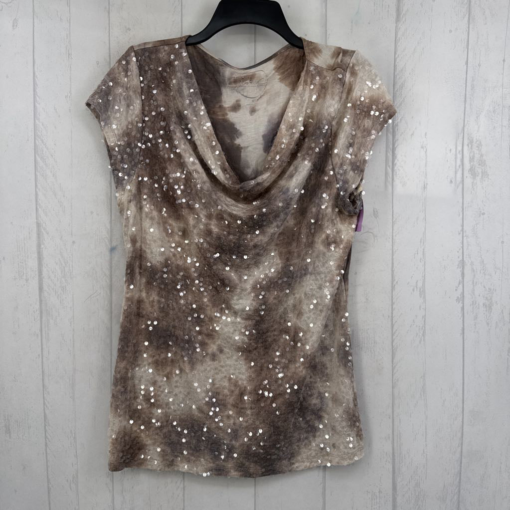 XL sequin embelsished drape neck s/s top