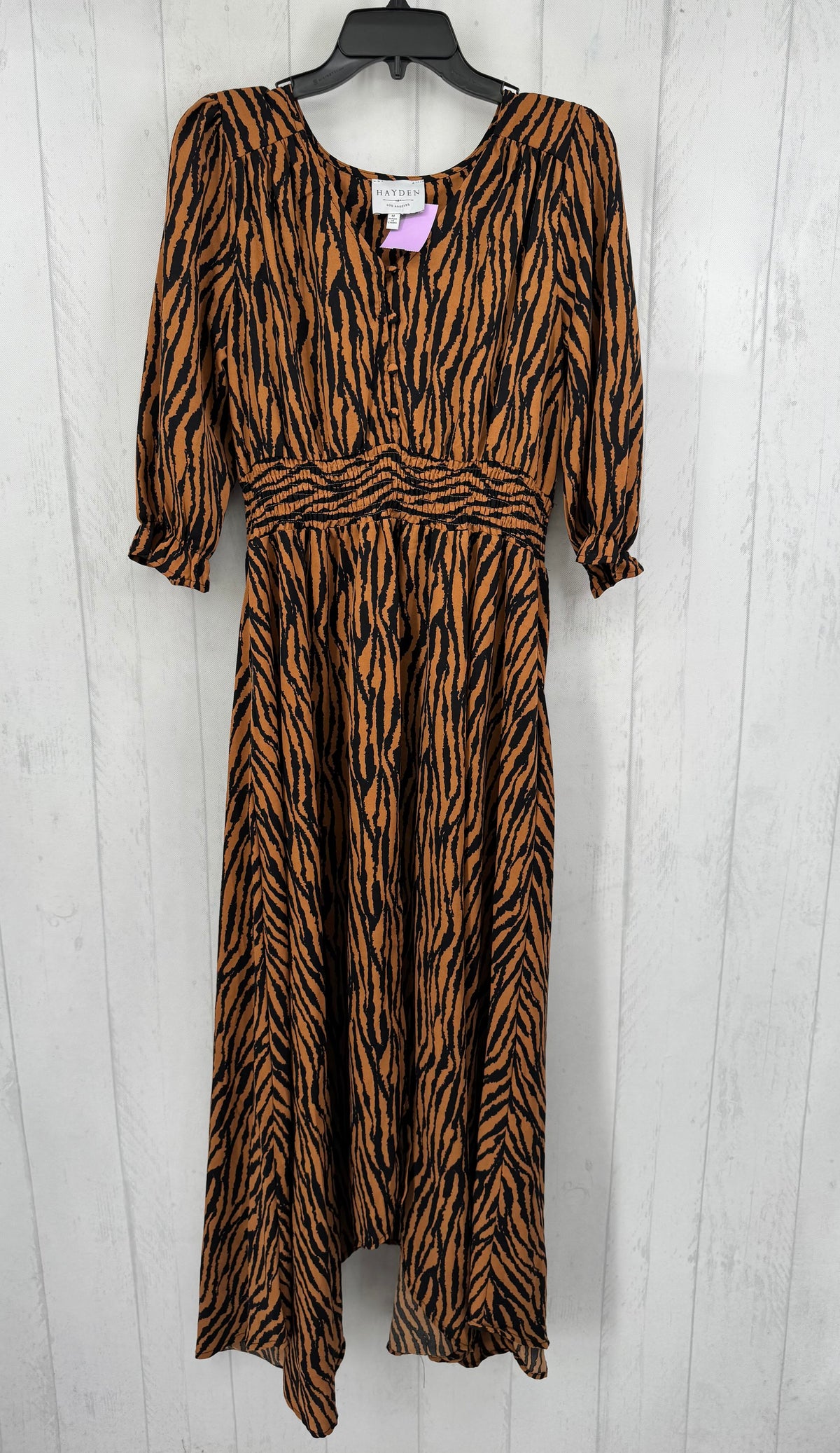 M elbow slv zebra print smocked maxi dress