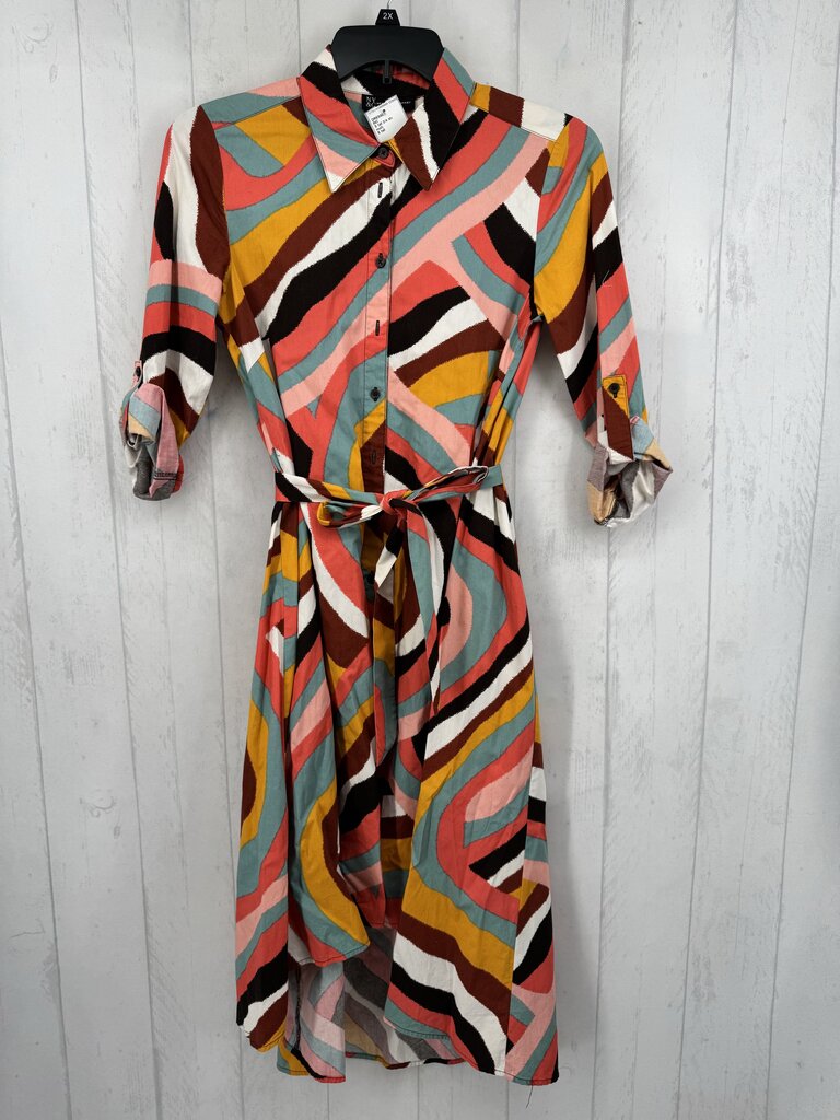 S tall 3/4 slv abstract geometric print button maxi shirt dress w/ belt
