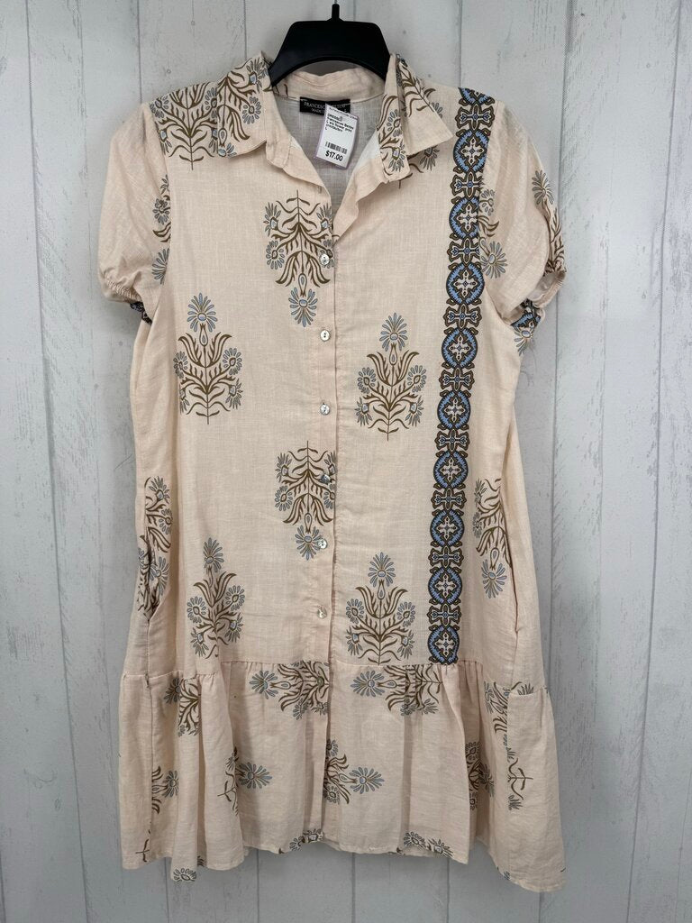 L s/s flower print button ruffle hem shirt dress